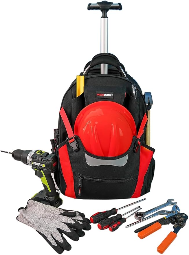 MELOTOUGH Wheeled Rolling Tool Bag Heavy Duty Tool Backpack with Wheels Tool Organizer Bag for Electrician, Carpenter, HVAC,Welder (Red)
