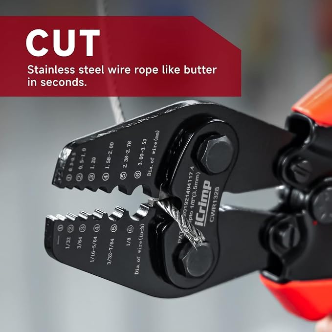 iCrimp Wire Rope Crimping Tool with Built-in Cutter Kit, with 330pcs Loop Sleeve and 45pcs Stainless Steel Thimble, Crimping from 1/32-inch to 1/8-inch