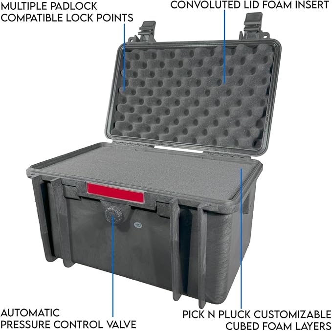 DCB Cases - Element 4102F | 16 x 11 x 12 Ext Dim | IP67 Waterproof | Pluck Foam Insert | Foldable Handle | Pressure Control Valve | Resin-Reinforced Injection Molded Plastic | 2 Latch Lid Close