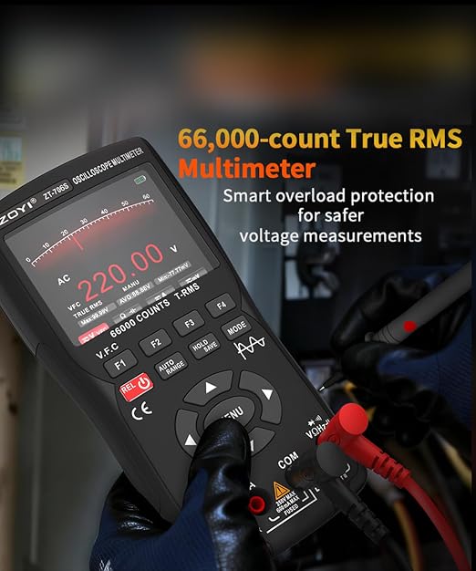 ZT-706S 3-in-1 Oscilloscope Multimeter Signal Generator, Dual-Channel 50MHz Bandwidth, 280MSa/s Infinite Persistence, 66000 Counts True RMS, 10MHz Bandwidth Signal Output, Data Hold and V.F.C