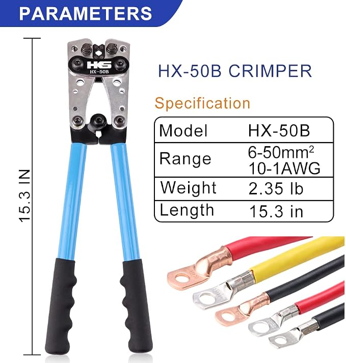 HKS Battery Cable Lug Crimping Tool 10-1 AWG with Cutter, 170 Pcs Tinned Copper Lugs Kit & 210Pcs 3:1 Ratio Adhesive Lined Heat Shrink Tubings - Marine Grade Shrink Wrap HX-50B