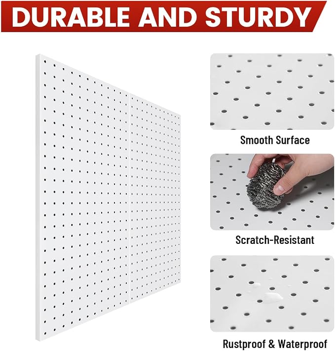 Pegboard, Metal Peg Board, 24x12 inch White Pegboard with 38 Pcs Hooks, Sturdy Peg Board for Garage Tool Organization, Home & Office Wall Decoration (White, 2 Pack)