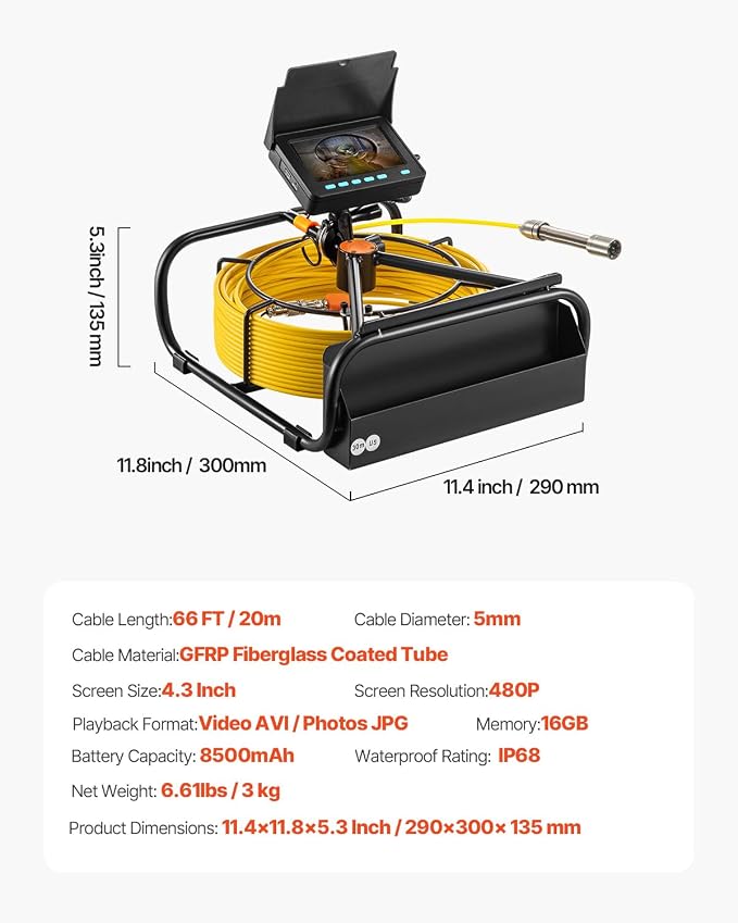 VEVOR Sewer Camera, 65.6FT Snake Cam with DVR Video, Pipe Inspection Equipment 4.3 inch LCD Screen, Industrial Borescope Endoscope Waterproof IP68 with LED Lights, for Duct HAVC Drain Pipe Plumbing