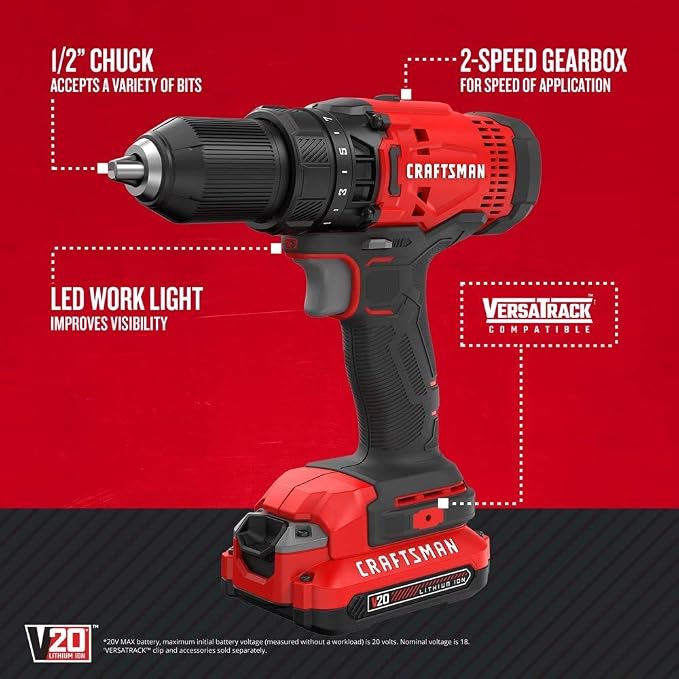 CRAFTSMAN V20 Cordless Drill/Driver Kit with LED Work Light (CMCD700C1 & CMCL020B)