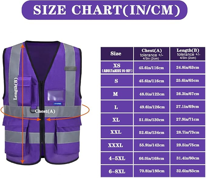 A-SAFETY High Visibility Reflective Vest with 7 Pockets, Zipper, Purple, L | Purple L work vest with 7 pockets, black front zipper and reflective strips for material handling and laboratory safety.