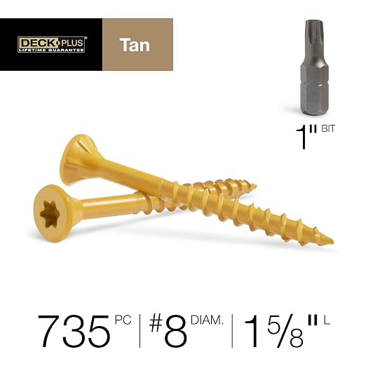 Deck Plus 1-5/8 Inch Epoxy Coated Exterior Wood and Fence Screws #8 x 1-5/8" Torx/Star Drive Included Coarse Thread, Outdoor Rust Resistant Decking Screw, Tan, 5 lb Box, 735 Pieces | 48412