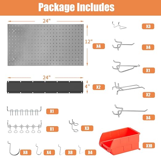 Peg Board Wall Organizer, Gray Metal Pegboard Organizer, 4 Metal Pegboard Panels(12"x24") with 55 Accessories, Wall Mount Large Peg Board Kit with Hooks, Bins for Home, Garage, Workbench