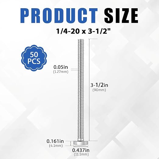 Zonon 50 Pcs 1/4-20 x 3-1/2" Hex Head Screw Bolt 18-8 (304) Stainless Steel Hexagon Bolts, Fully Threaded, Plain Finish, External Hex Drive (Silver)