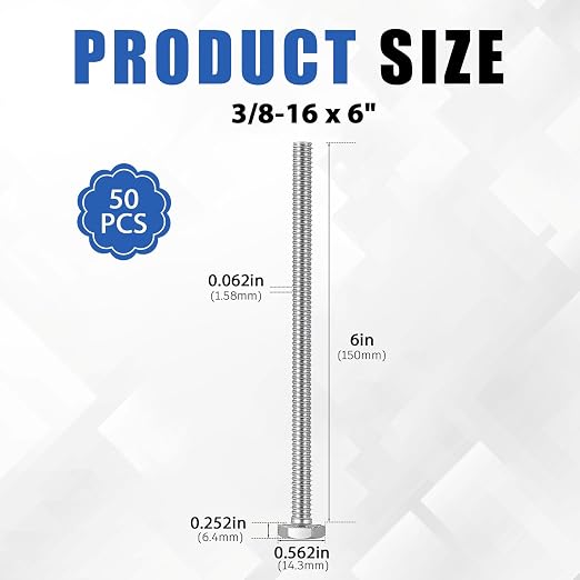Zonon 50 Pcs 3/8-16 x 6 Hex Head Screw Bolt 18-8 (304) Stainless Steel Hexagon Bolts, Fully Threaded, Plain Finish, External Hex Drive (Silver)