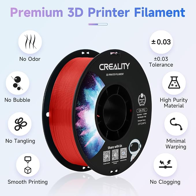Official Creality TPU Filament, Flexible 3D Printer Filament 1.75mm, 95A Shore High Hardness & Resilience, Dimensional Accuracy +/- 0.03 mm for Most FDM 3D Printers