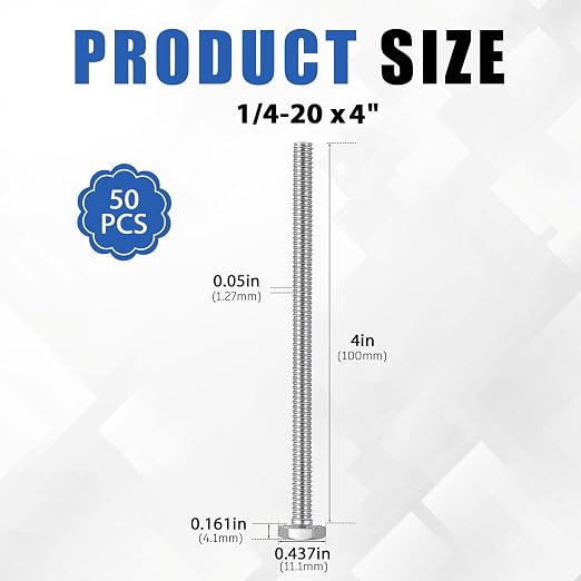 Zonon 50 Pcs 1/4-20 x 4 Hex Head Screw Bolt 18-8 (304) Stainless Steel Hexagon Bolts, Fully Threaded, Plain Finish, External Hex Drive (Silver)