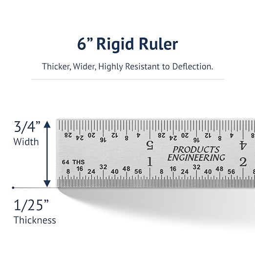 PEC Tools High Precision Metal Ruler, 6 Inch Rigid Machinist Rule, 4R Graduation (1/8", 1/16", 1/32", 1/64"), Carbon Steel with Satin Chrome Finish, Trusted by Professionals, Made in USA