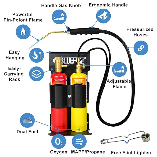BLUEFIRE Oxypropane Welding Gas Cutting Torch Kit with Flint Lighter and Cylinder Holder Rack - For Jewelers Hvac Map Gas Torch Kit Brazing Mapp Gas Torch, Soldering Oxy Acetylene Torch Kit