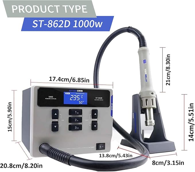ATTEN Hot Air Soldering Station,ST-862D 1000W Hot Air Gun Soldering Station,Digital Hot Air Rework Station for PCB Chip Soldering Repair with 4 Nozzles