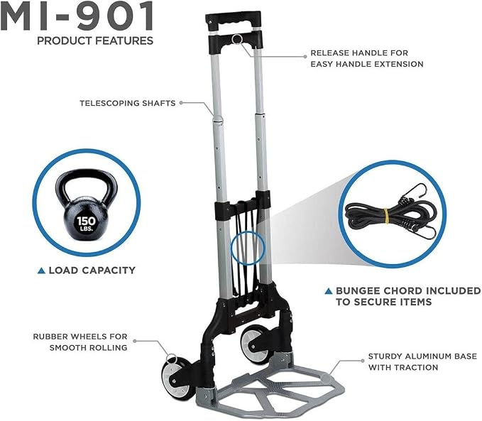Mount-It! Folding Hand Truck and Personal Dolly, Foldable Aluminum Trolley Cart, 165 Lb Capacity Heavy Duty Dolly with Wheels of Rubber for Moving, Comfortable Telescoping Handle for Indoor Outdoor