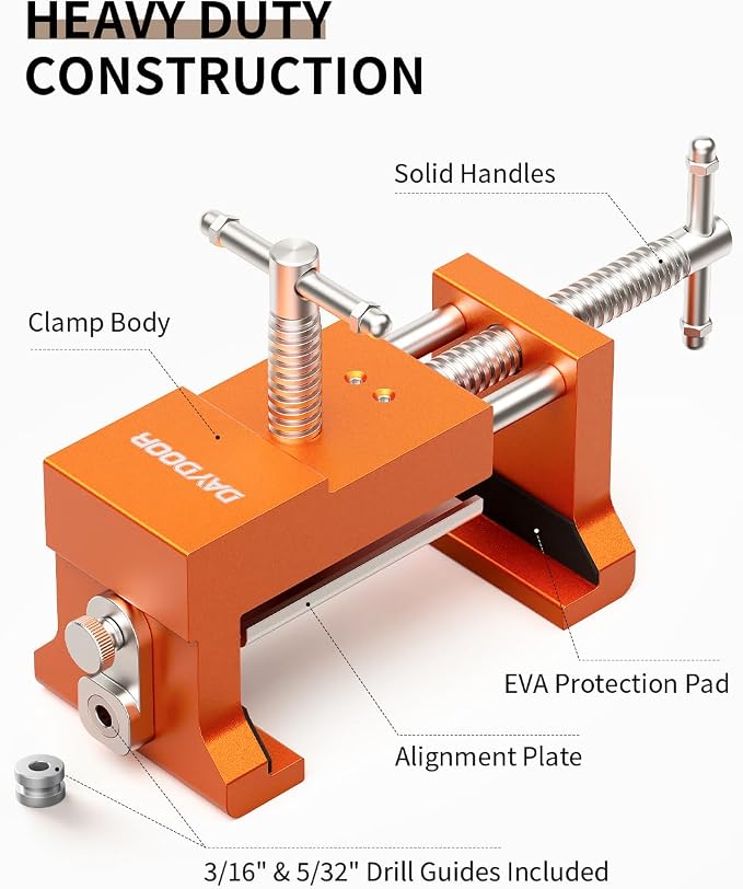 DAYDOOR Professional Cabinet Installation Clamps 2 Pack, Heavy Duty Face Frame Alignment Tool with Integrated Drill Guide & EVA Protection, Woodworking Claw Clamps, Orange