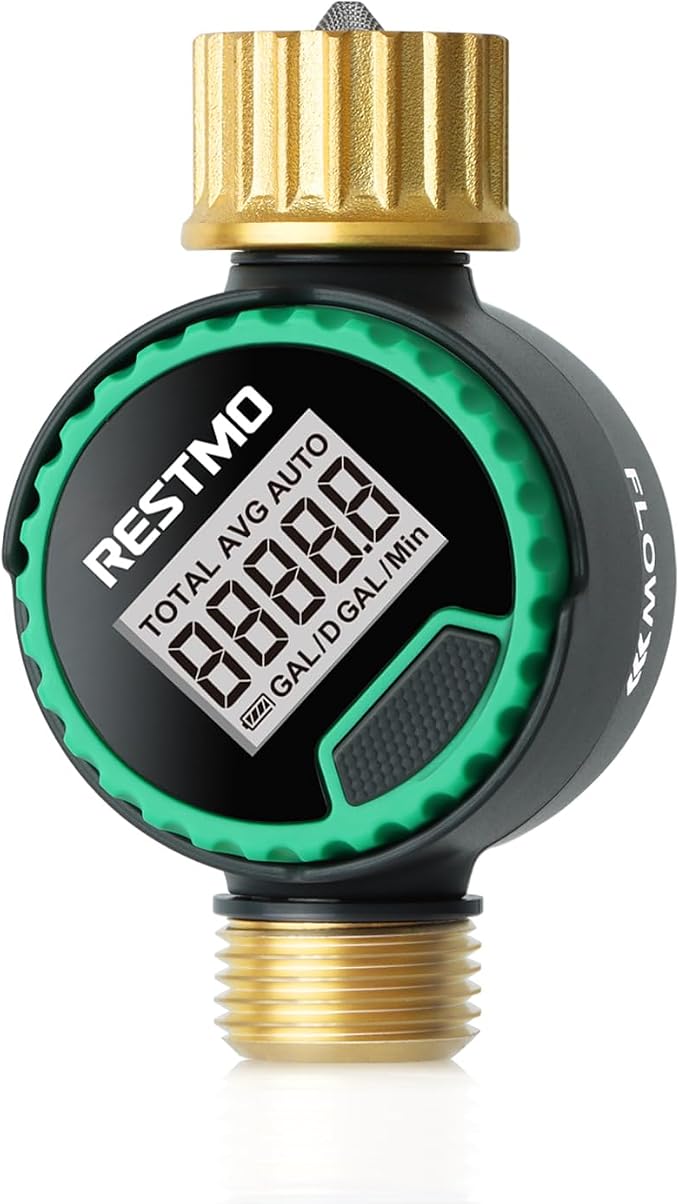 RESTMO 360° Rotatable Water Flow Meter, Pure Brass Inlet & Outlet Water Meter, Measure Gallon/Liter Consumption and Flow Rate for Garden Hose Watering, RV Water Tank Filling and Lawn Sprinkler