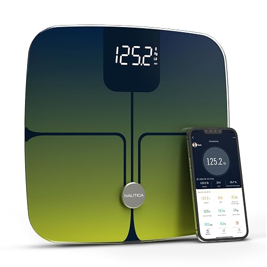 Nautica Body Tracker Digital Bathroom Scale, Bluetooth-Enabled Smart Scale with BMI, Body Fat, Muscle Mass Tracking & More, Syncs with Smartphone App for Body Composition Tracking, 440 Lbs.