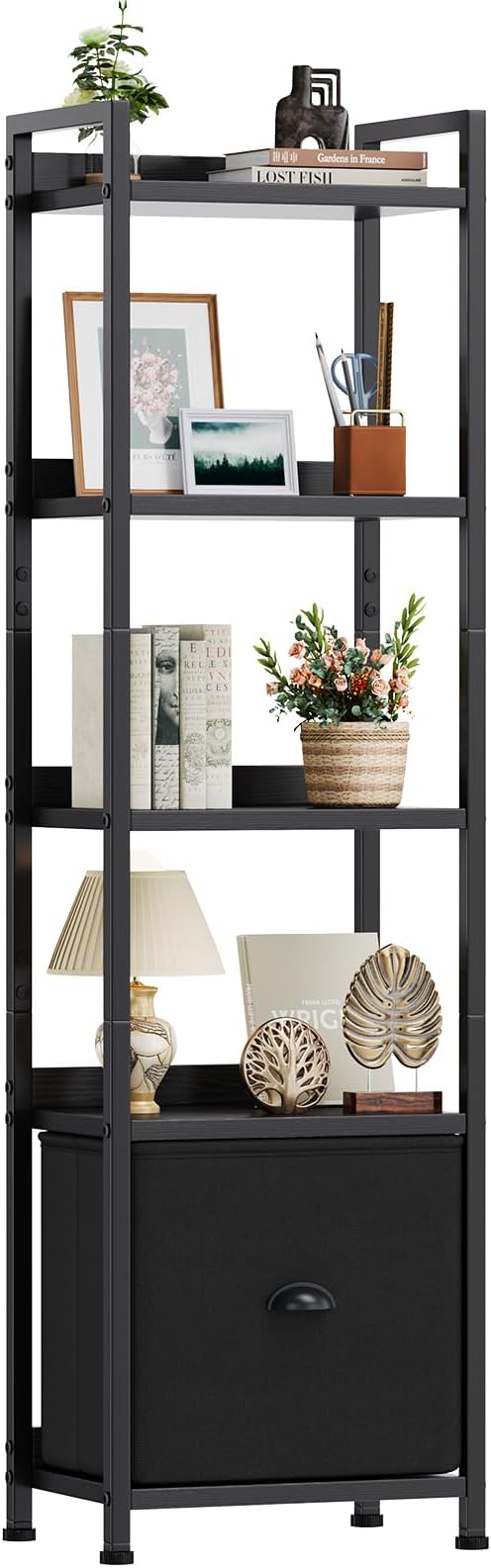 DUMOS 5 Tier Bookshelf with Fabric Drawer, Tall Industrial Bookcase, Narrow Display Standing Shelf, Black Wood and Metal Storage Shelf Organizer in Bedroom, Living Room, Black