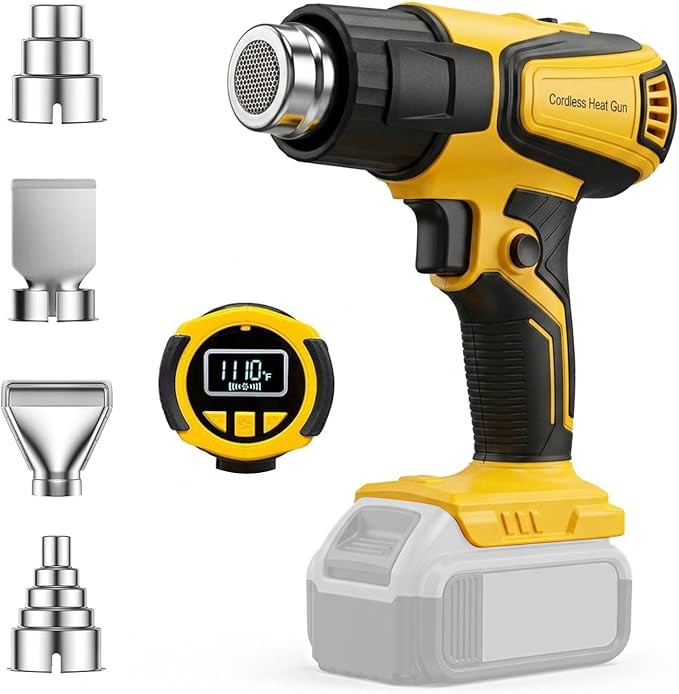 Cordless Heat Gun Compatible with Dewalt 20V Battery,Adjustable Temp 120℉–1110℉,LED Light,Portable Hot Air Gun LCD Digital Display & 4 Nozzles For Shrink Tubing (Tool Only, Not Made by Dewalt)