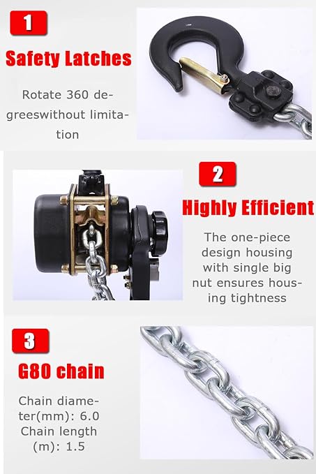 Lever Chain Hoist 2200LBS 5FT 2 Units Set 1T 1,5M Lever Chain Hoist 1 ton Commercial Portable Hooks for Building Garages Warehouse Automotive Machinery【1T/1.5m*2units】