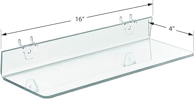 Azar Displays 556016 Clear Acrylic Shelf for Pegboard or Slatwall (4 Pack), 16" W x 4"D