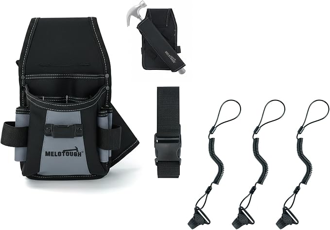 MELOTOUGH Electrician Tool Pouch,Small Tool Belt Pouch,Coiled Lanyard,Hard Hat Lanyard with Clamp End