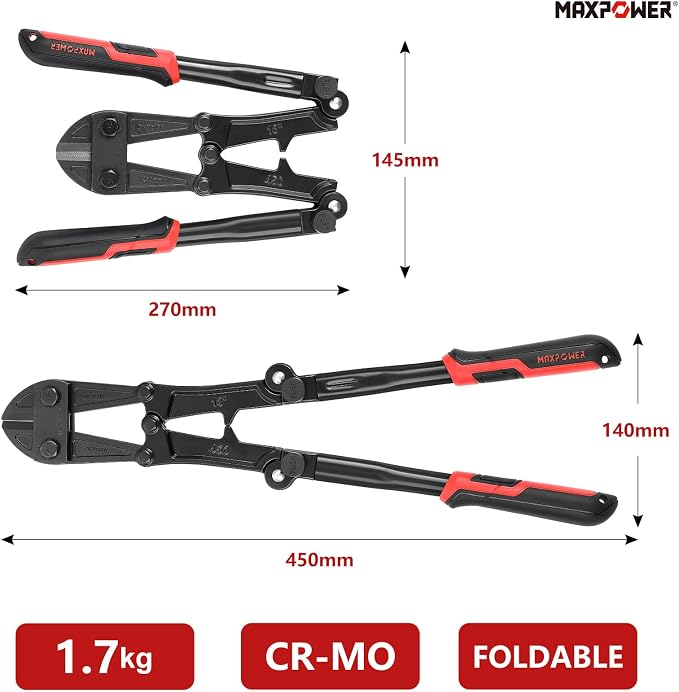 MAXPOWER 18-inch Folding Bolt Cutters, Foldable Bolt Cutter with Soft Grip Ergonomic Non-Slip Handle, Heavy Duty Bolt Chain Padlock Wire Cutting Tool