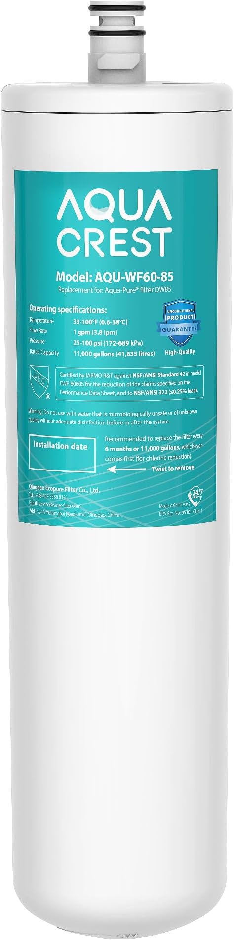 AQUA CREST DW85 Under Sink Water Filter, Replacement for Aqua-Pure® AP-DW85, 5584408, AP-DWS700, Cuno CFS8112, CFS8812X-S, CFS8720, KOHLER K-201-NA, KOHLER K-202-NA, NSF 42 Certified, Model No.WF60-85