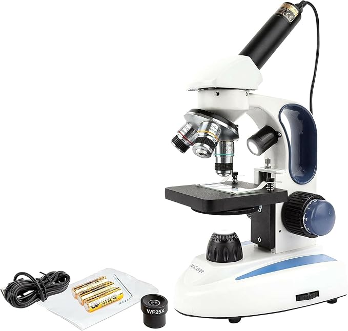 AmScope M158C-2L-E1 Digital Cordless Compound Monocular Microscope, WF10x and WF25x Eyepieces, 40x-1000x Magnification, Upper and Lower LED Illumination with Rheostat, Brightfield, Single-Lens Condenser, Coaxial Coarse and Fine Focus, Plain Stage, 110V...