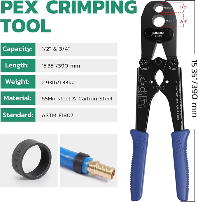 OURU PEX Crimping Tool for Copper Rings 1/2" & 3/4", Plumbing Tool Kit with 20PCS 1/2" and 10PCS 3/4" Copper Crimp Rings, Tubing Cutter and Go/No-Go Gauge, Meets ASTM F1807 Standard