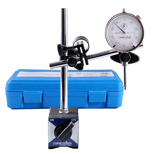 Accusize Industrial Tools 0-1'' by 0.001'' Dial Indicator with Magnetic Base Set, 60 Kg Capacity, Eg00-1038 | 176 lb Pull, On/Off Switch, V-Groove Bottom, Fine Adjustment, 0.001" Graduation