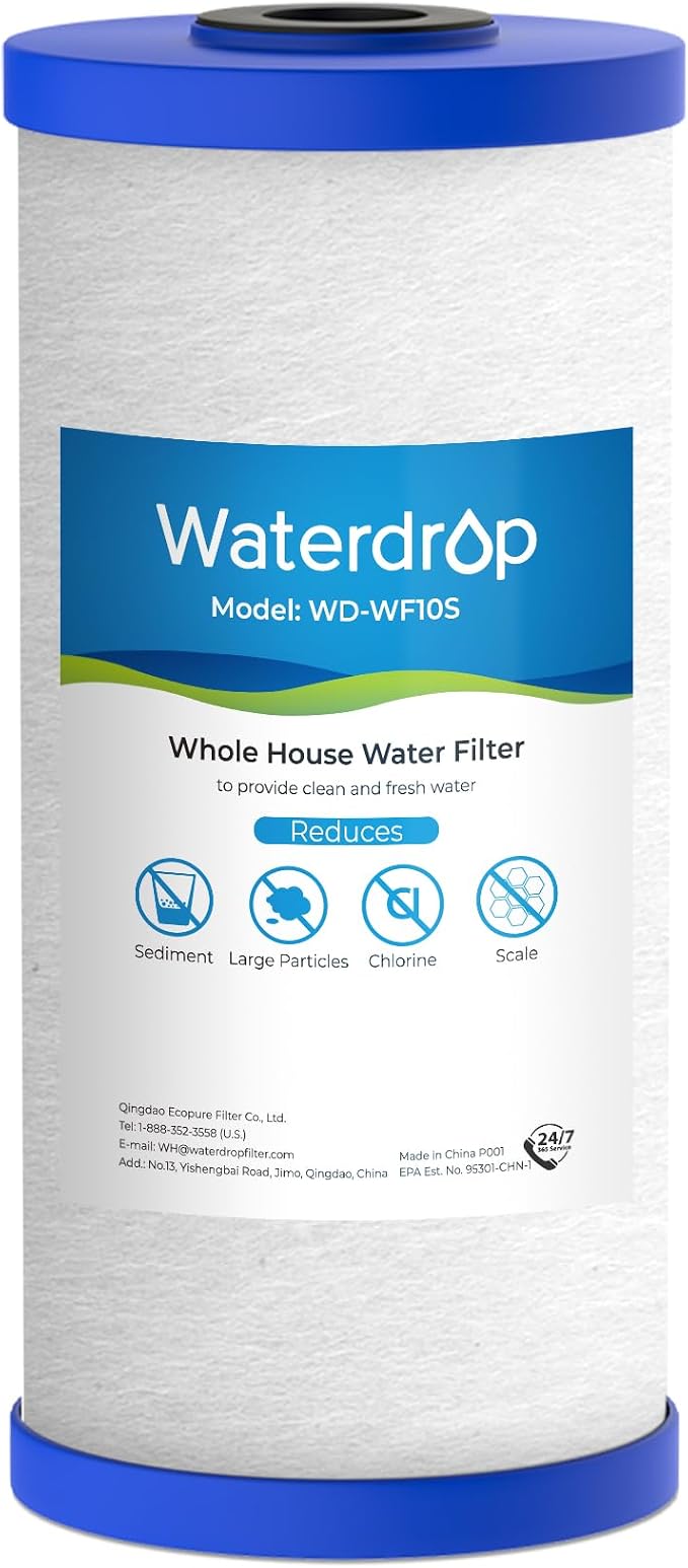 Waterdrop WF10S Whole House Water Filter, Compatible with WHF21-SH, GE® FXHTC, GXWH40L, iSpring, Culligan® RFC-BBSA, Whirlpool®, Any 10" x 4.5" System, Anti-Scale Sediment Filter
