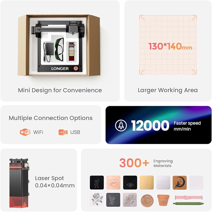 LONGER Ray5 Mini Laser Engraver, 2.5W Portable Laser Engraving & Cutter, 0.04mm Ultra Precision for Wood, Acrylic, Leather, DIY & Beginner Friendly, 140x130mm Work Area, WiFi Compatible