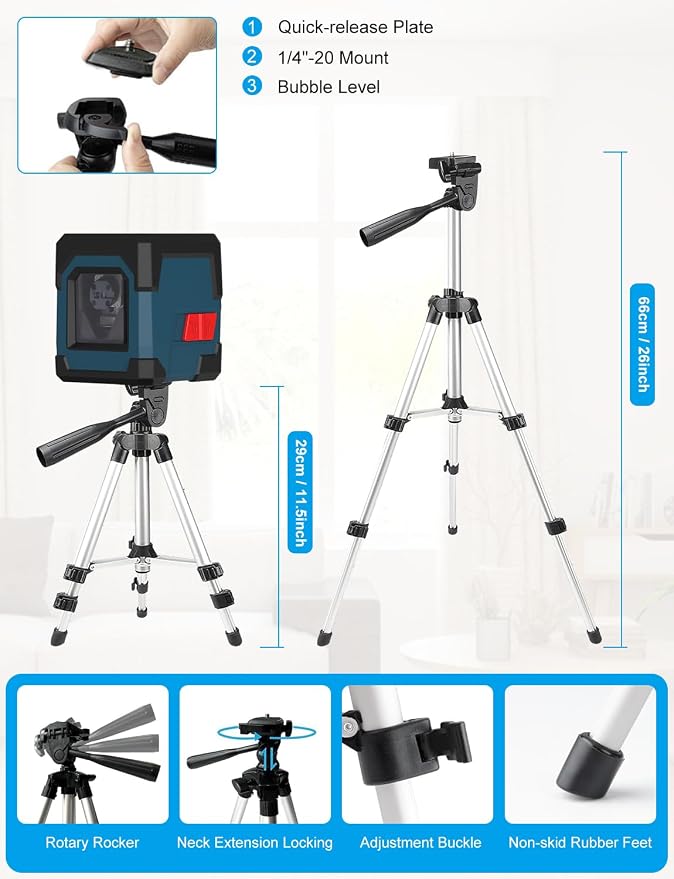 Laser Level with tripod, RockSeed Cross Line Laser with Self-Leveling, Vertical and Horizontal Line, Rotatable 360 Degree, Carrying Pouch, Battery Included (LV1GT)