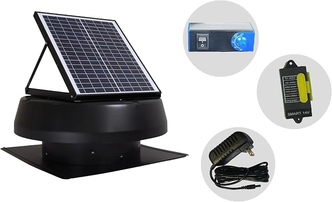 iLIVING 14" HYBRID Smart Thermostat Solar Roof Attic Exhaust Fan, 40-Watt, 1150 CFM, Cools up to 2900 Sq.Ft. Coverage Area, Black
