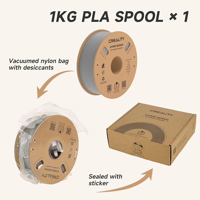 Official CREALITY Hyper PLA Filament 1.75mm, High Speed PLA 30-600mm/s 3D Printer Filament, Dimensional Accuracy +/-0.02mm, Fit Most FDM 3D Printers, 1KG(2.2lbs) Spool Gray