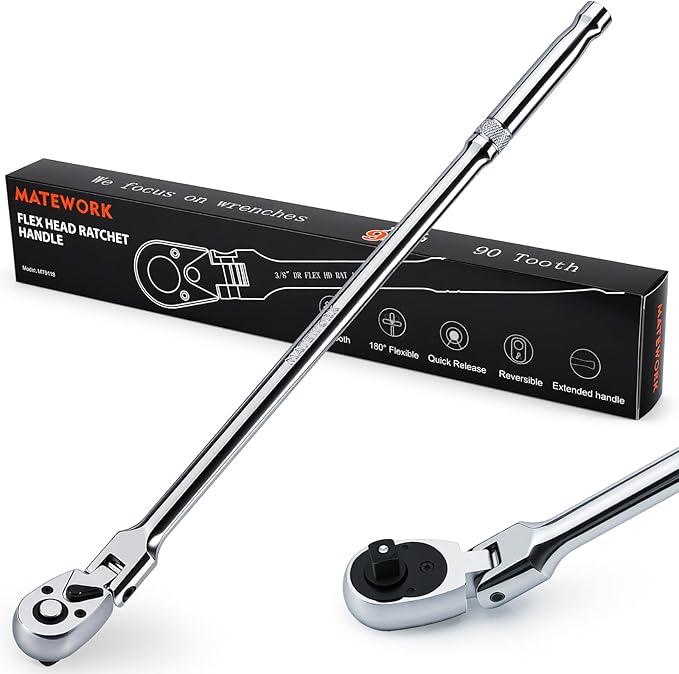 Matework 3/8" Drive Flex Head Ratchet Wrench, 17-Inch 90-Tooth Long Handle Ratchet with Quick Release and Reversible Switch, CR-V Steel, 180° Swivel Head Ratchet for Automotive, Home and DIY Repair