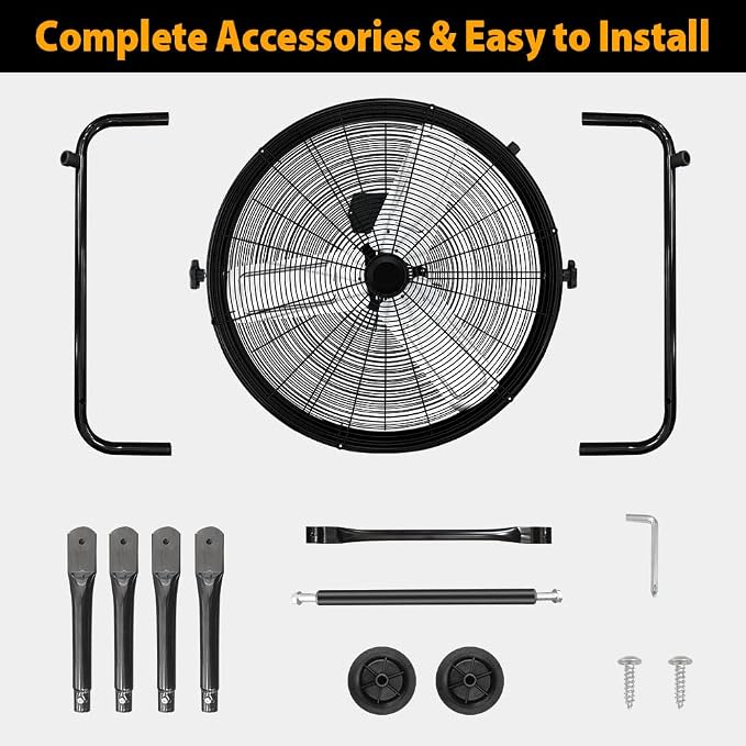 LifePlus 24 Inch Industrial Drum Fan, High Velocity Floor Fan, 3 Speed Heavy Duty Metal Air Circulator, 360° Tilt with Casters Handle ETL Standard for Patios, Warehouse, Commercial, 8900 CFM