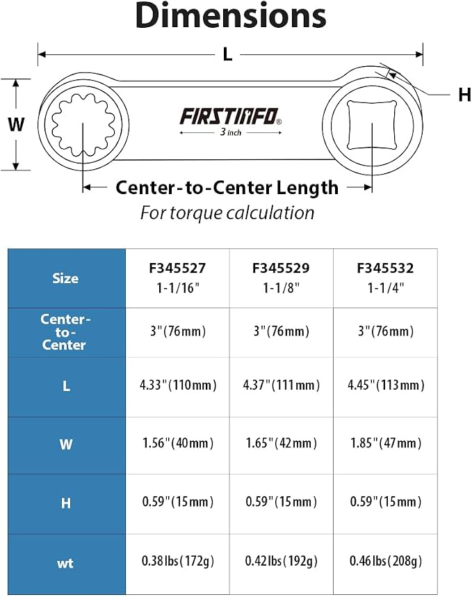FIRSTINFO 1/2-inch Drive 1-1/16" 12-Point Box End Torque Adapter | 3 in center-to-center length • Fits 4, 6 & 12-point fasteners • CR-V steel • Thin-wall access • Made in Taiwan