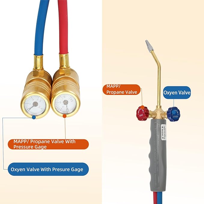 Update Oxygen MAPP Torch Kit, Dual gauge design, With portable cylinder metal stand and lighter, for Heating, Soldering, Glass Blowing, Oxypropane Welding Gas Cutting Torch Kit