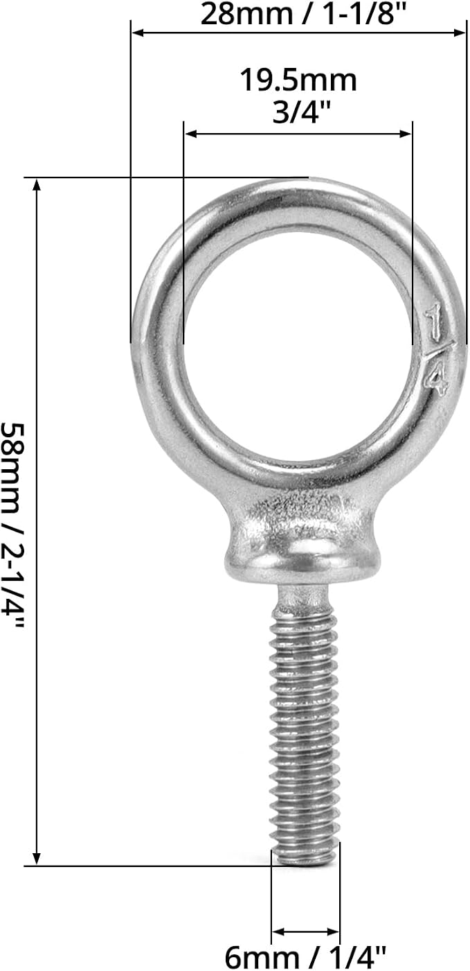 QWORK Eye Bolt, 50 Pack 1/4"-20 x 1 Marine Grade Stainless Steel Lifting Ring Threaded Eyebolt Machinery Shoulder Eyebolts