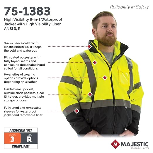 Majestic 75-1383/T2 High Visibility Yellow 8-in-1 Waterproof Jacket with High Visibility Liner, Removable Sleeves and Liner, PU Coated Oxford Fabric, ANSI 3 Type R, T2