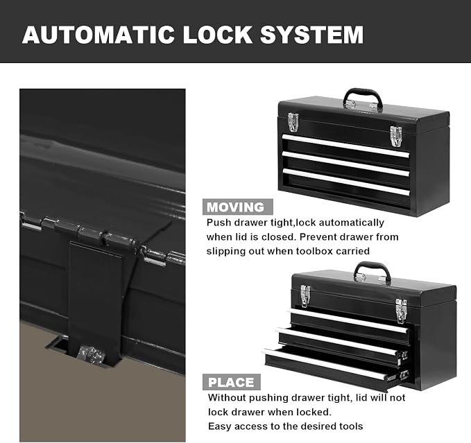 BIG RED 3 Drawer 20“ Metal Tool Box Portable Steel Tool Chest with Metal Latch Closure for Garage, Home and Workbench,Black,ANTBD133-XT