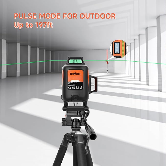 DOVOH 4D Laser Level 360 Self Leveling with Tripod, Y4-360G-KIT | Dual Batteries, Pulse Mode, Hard Toolbox, Green Beam, 4 Plane, For Construction, Flooring, Tiling, Ceiling