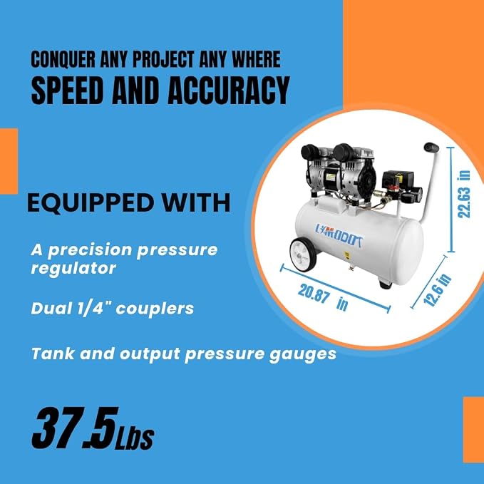 Portable Quiet Air Compressor, 8-Gallon Aluminum Tank, 68 dB | Rustproof, Lightweight at 37.5 lb with Dual Air Intakes for Efficient DIY, Home Workshop and Garage Applications