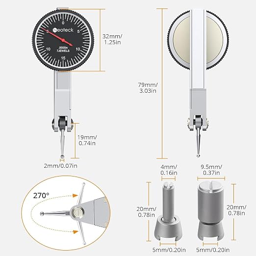 Neoteck 0-0.03"/0.0005" Test Indicator with 176lbs Pull Magnetic Base Stand | 80kg Max Pull，3/8 inch (9.52mm) Clamping Hole，Black，Widely Used in Narrow Area Measurement，Ideal for CNC Operators