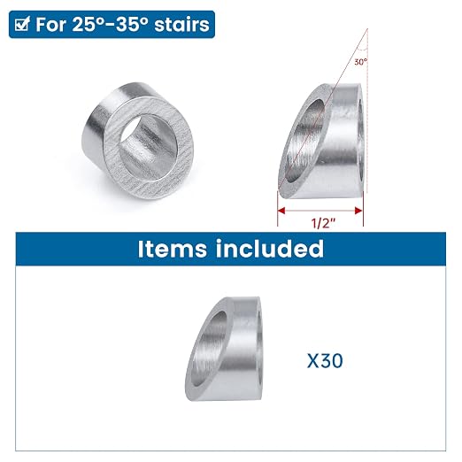 Muzata 30 Pack 3/8" ID Cable Railing Angle Washer 25 30 35 Degrees T316 Stainless Steel Angle Beveled Washer for 1/8" 5/32" 3/16" Cable Railing Hardware Kit CR60