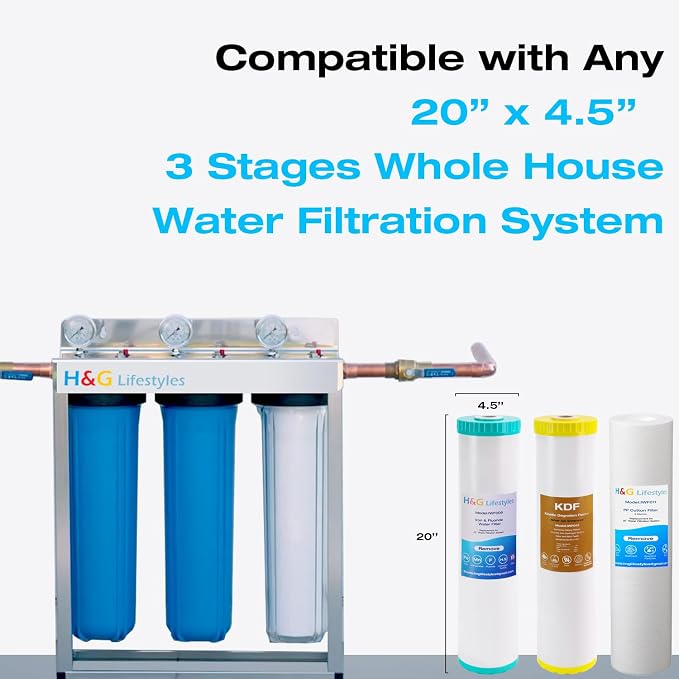 H&G Lifestyles 4.5" x 20" 3 Stage Whole House Water Filter Replacement | Iron & Manganese Reducing Cartridges, GAC KDF, PP Cutton Cartridges,Compatible with DGD-5005-20, WGB32BM,EP20-BB,FP25B