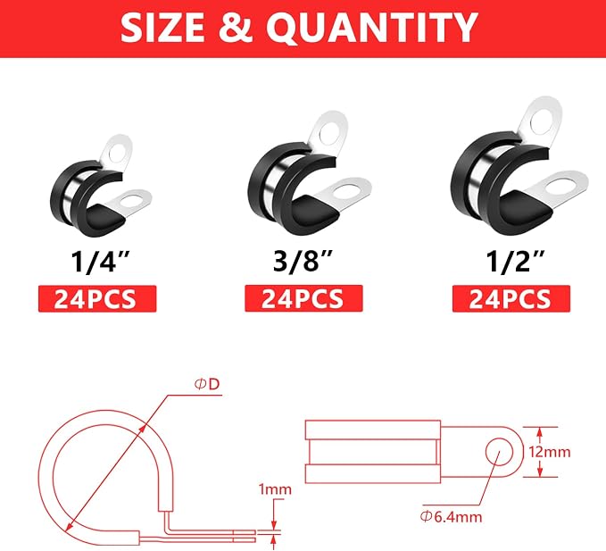 Newdeli 72Pcs Cable Clamps Assortment Kit 3 Sizes 1/4" 3/8" 1/2" Stainless Steel Cable Clamp Rubber Cushioned Hose Clamp Insulated Automotive Wire Pipe Clamps